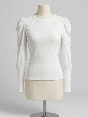 Veronica Beard White Ribbed Puff-Sleeve Top Size M